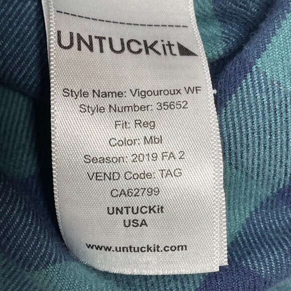 Untuckit Mens XL Wrinkle-Free Green & Navy Plaid Long Sleeve Button-Up Shirt - Picture 6 of 7
